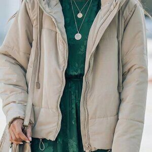 Chase Secret Beige Hooded Puffer Jacket Zip Up Coat Size Small